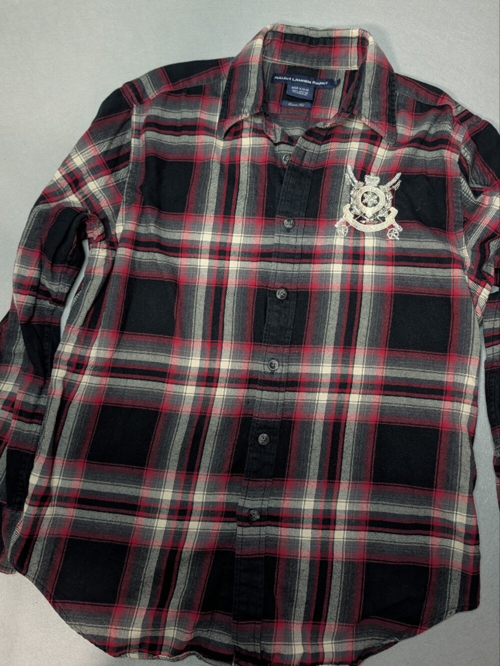 Vintage Ralph Lauren Sport Plaid Button Down Shirt Size 10 Embroidered Crest
